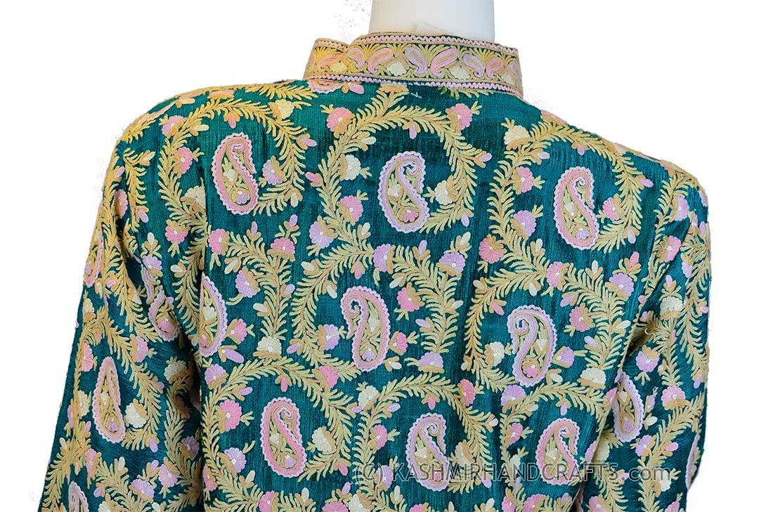 Hunter Green Silk Jacket Dinner Paisley Evening Dress Coat Hand Embroidered Kashmir