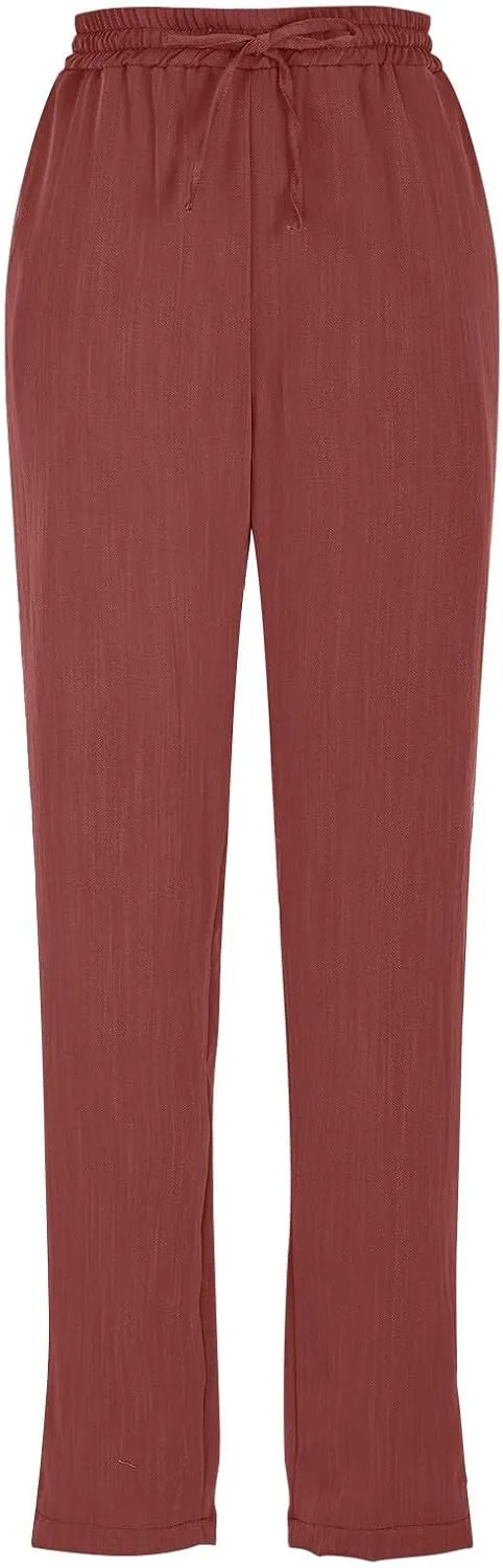 HXHYQKP Women's Cotton Linen Straight Leg Pants Elastic Drawstring Casual Summer Beach Lounge Trousers with Pockets