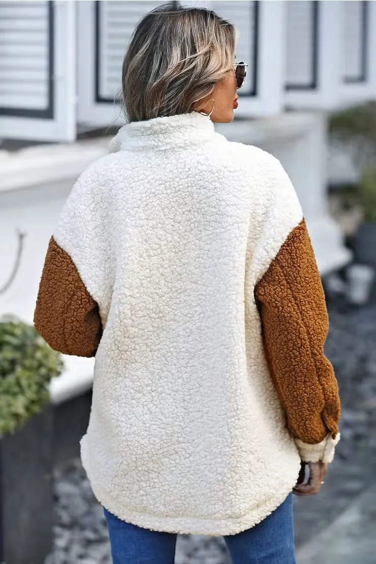 Its Gettin Hot In Here Brown Color Block Sherpa Shacket