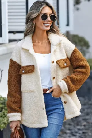 Its Gettin Hot In Here Brown Color Block Sherpa Shacket