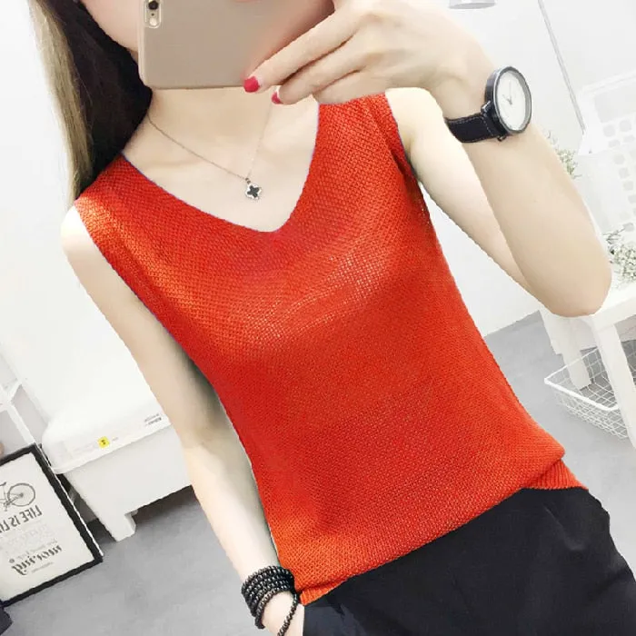 Knitted Camisole Tank Top for Women and Girls, V-Neck, Sleeveless, in 5 Colors