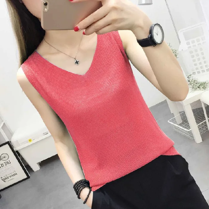 Knitted Camisole Tank Top for Women and Girls, V-Neck, Sleeveless, in 5 Colors