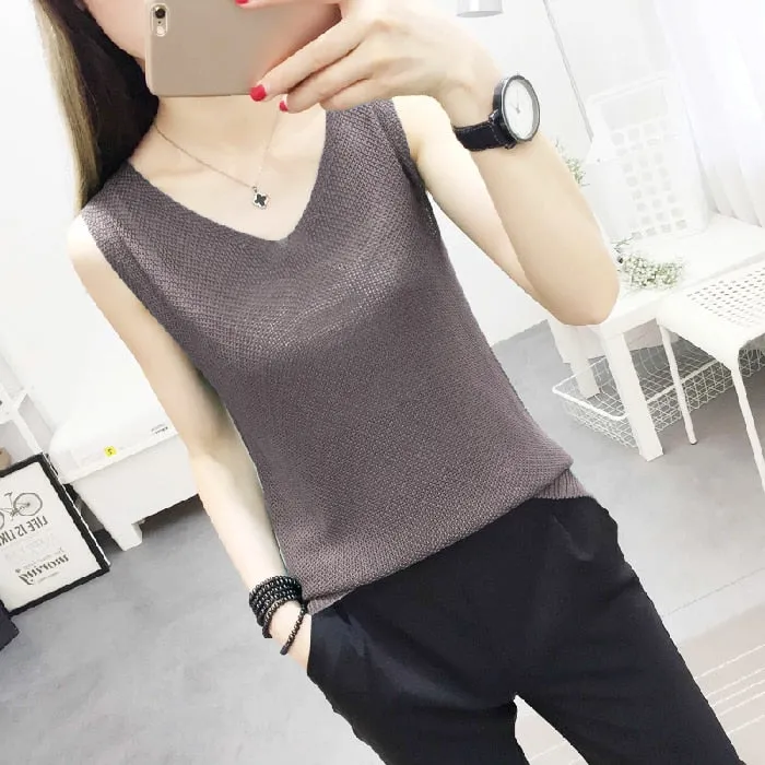 Knitted Camisole Tank Top for Women and Girls, V-Neck, Sleeveless, in 5 Colors