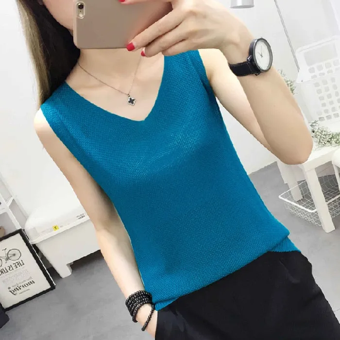 Knitted Camisole Tank Top for Women and Girls, V-Neck, Sleeveless, in 5 Colors