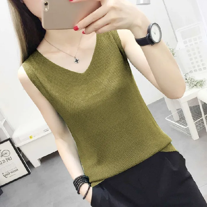 Knitted Camisole Tank Top for Women and Girls, V-Neck, Sleeveless, in 5 Colors
