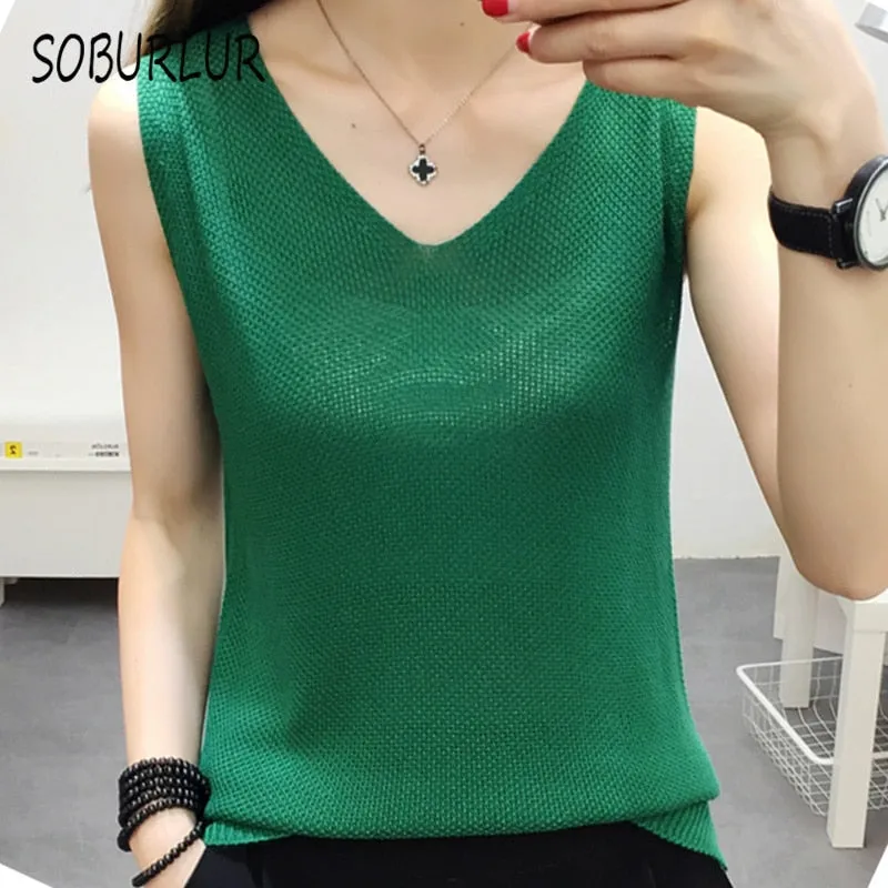 Knitted Camisole Tank Top for Women and Girls, V-Neck, Sleeveless, in 5 Colors