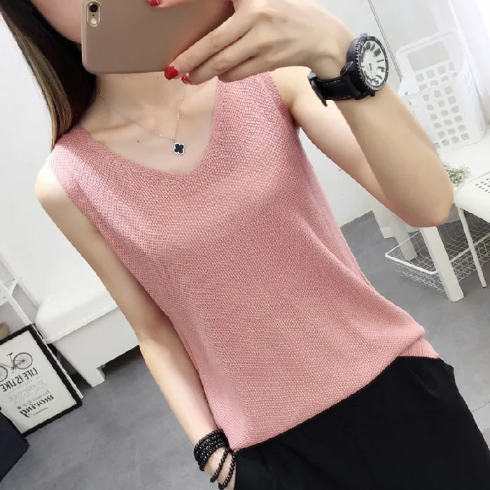 Knitted Camisole Tank Top for Women and Girls, V-Neck, Sleeveless, in 5 Colors