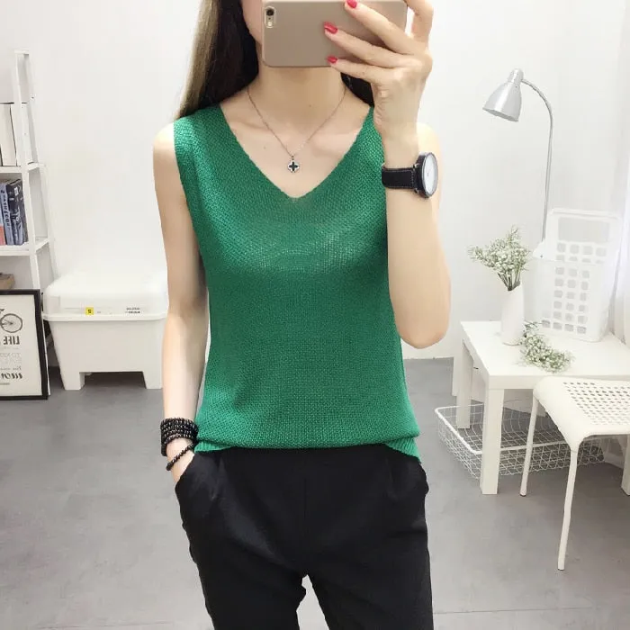 Knitted Camisole Tank Top for Women and Girls, V-Neck, Sleeveless, in 5 Colors