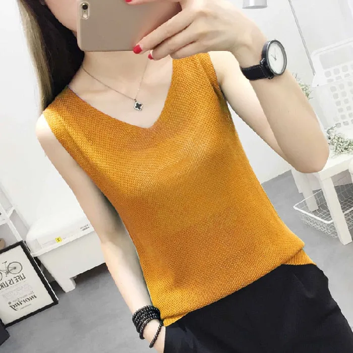 Knitted Camisole Tank Top for Women and Girls, V-Neck, Sleeveless, in 5 Colors