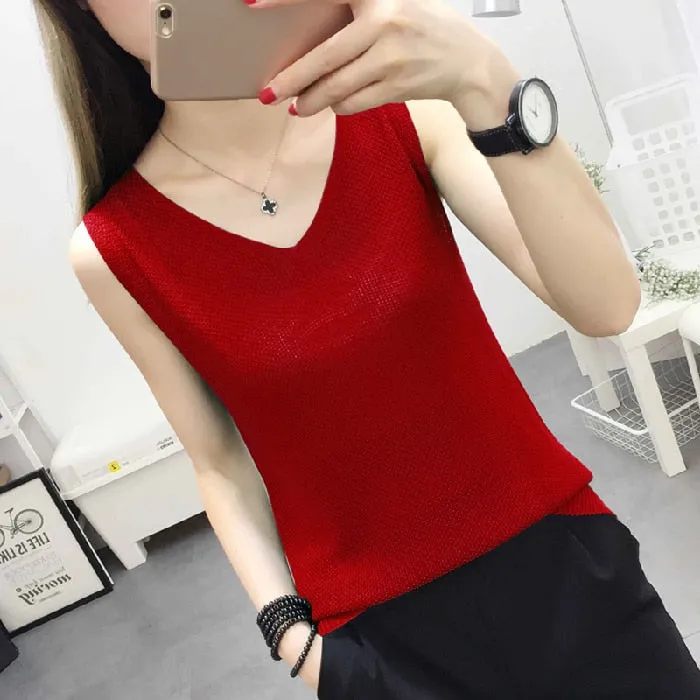 Knitted Camisole Tank Top for Women and Girls, V-Neck, Sleeveless, in 5 Colors