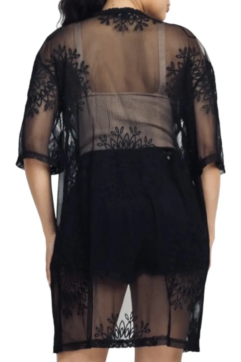 Lace and Mesh Kimono Cover Up