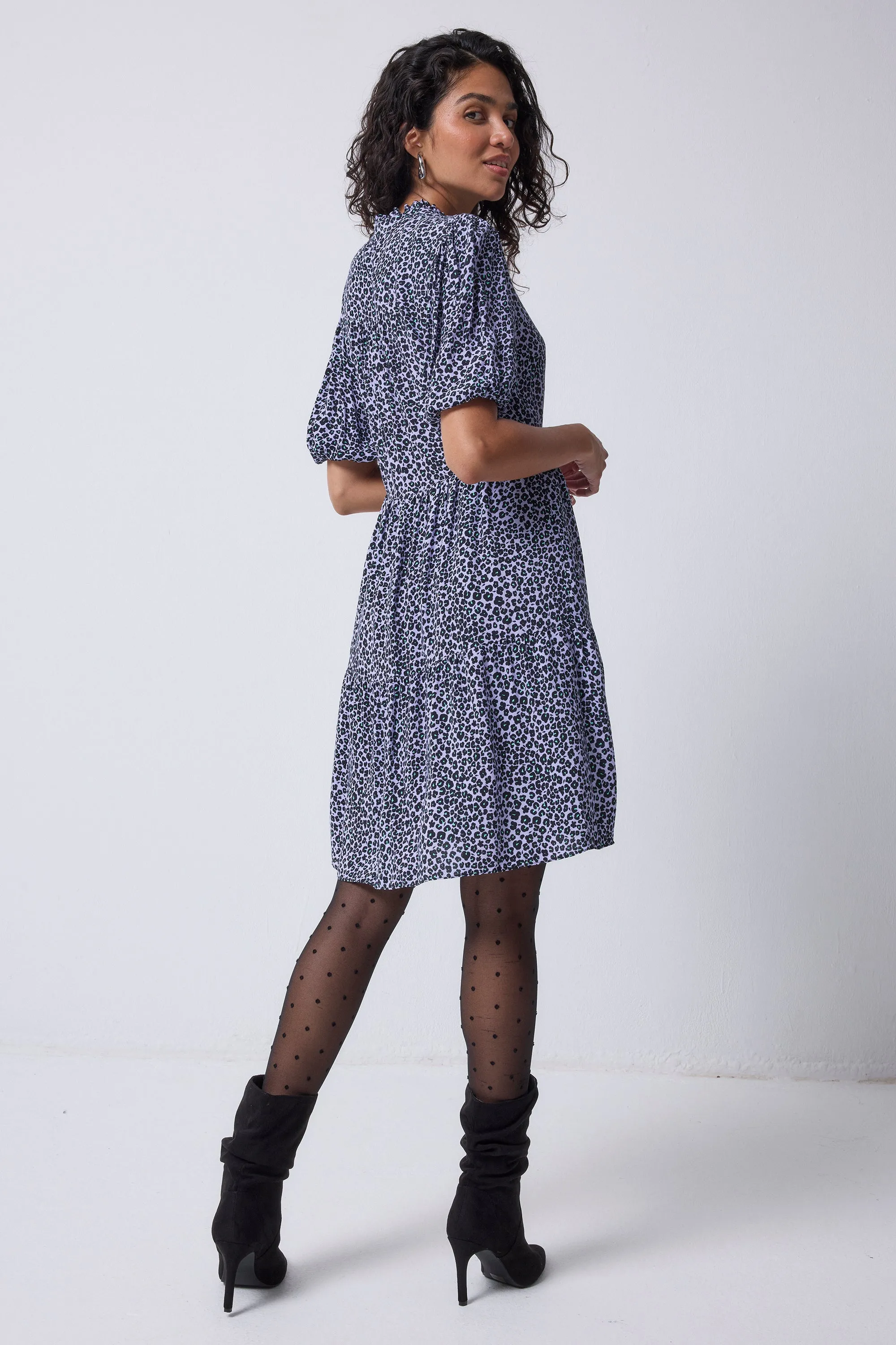 Lilac Mini Leopard Zip Detail Tiered Short Dress