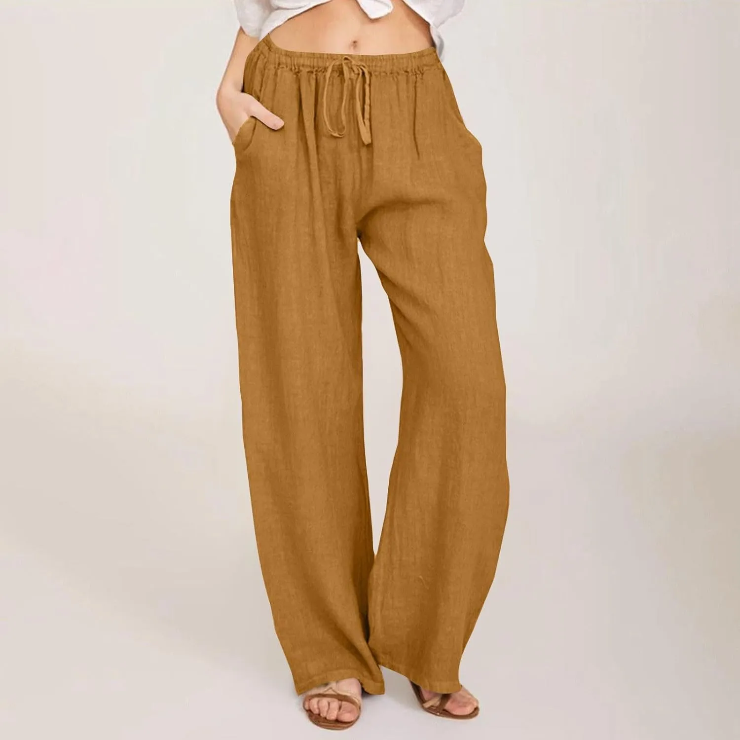 Linen Pants Women Elastic High Waisted Drawstring Petite Lounge Pants Palazzo Wide Leg Casual Summer Beach Trousers