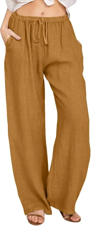 Linen Pants Women Elastic High Waisted Drawstring Petite Lounge Pants Palazzo Wide Leg Casual Summer Beach Trousers