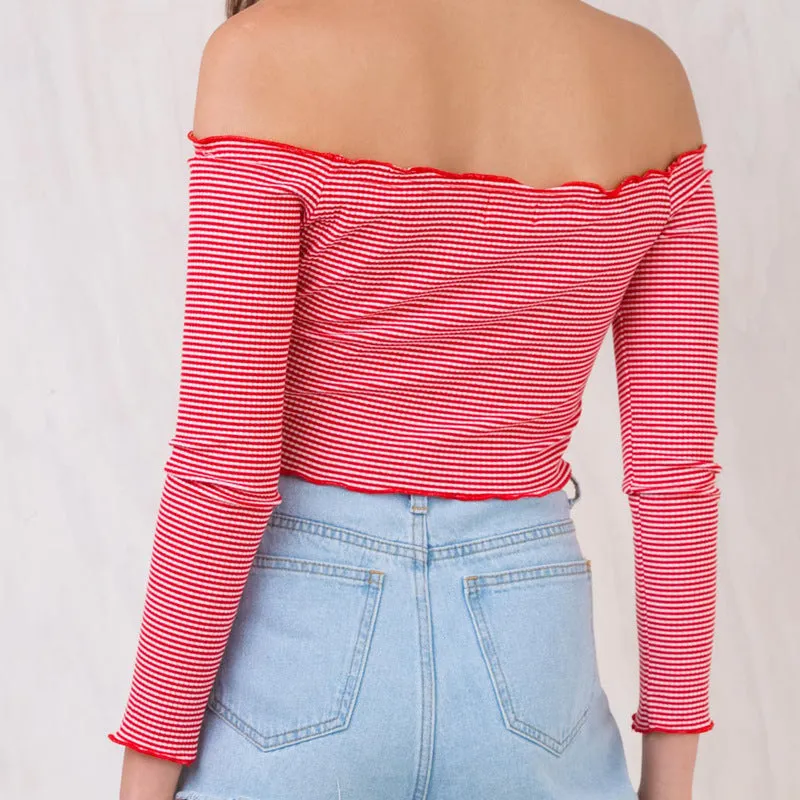 Long Sleeves Off Shoulder Striped Slim Crop top