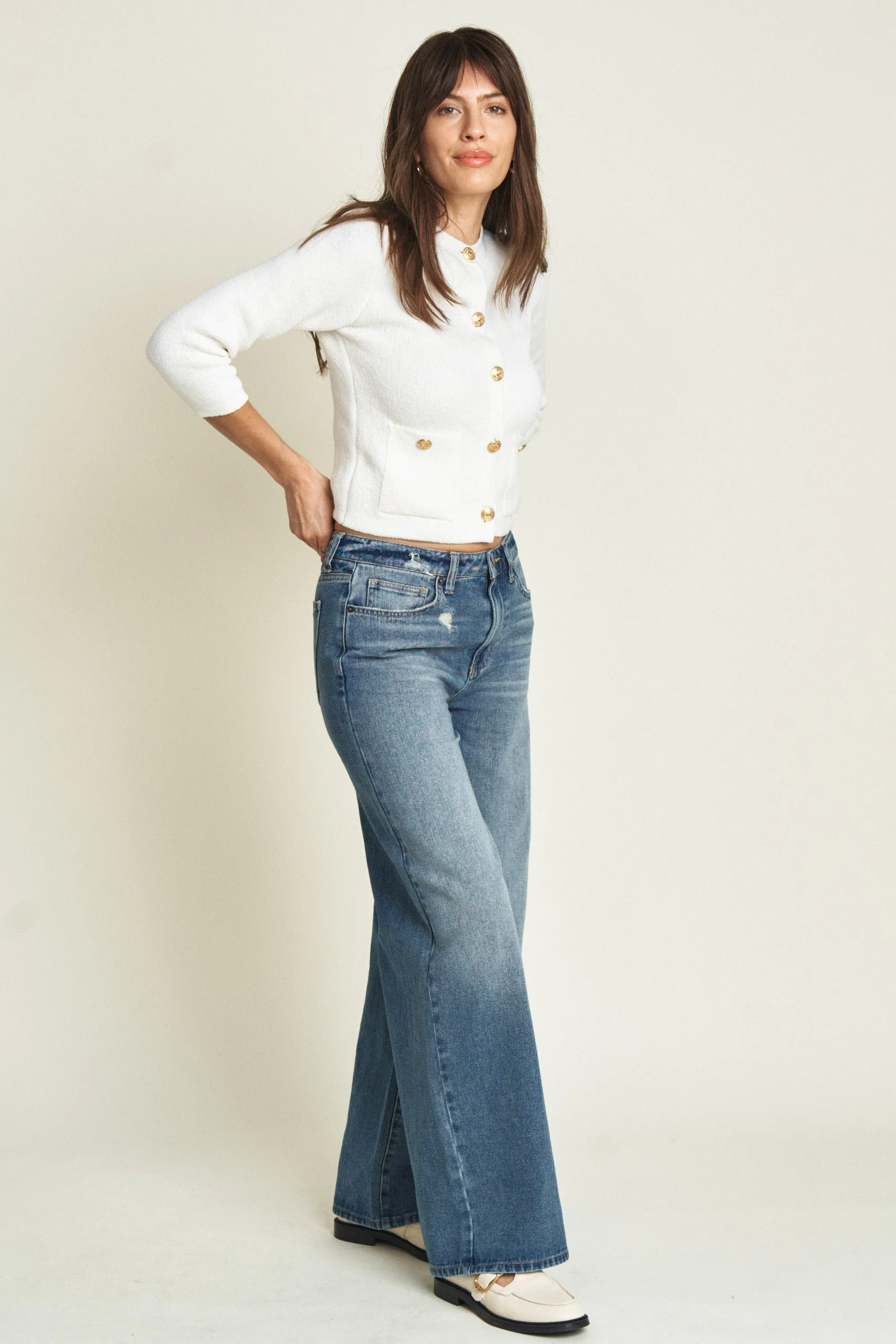 Madison Mid Rise Wide Leg Bright Blue Worn
