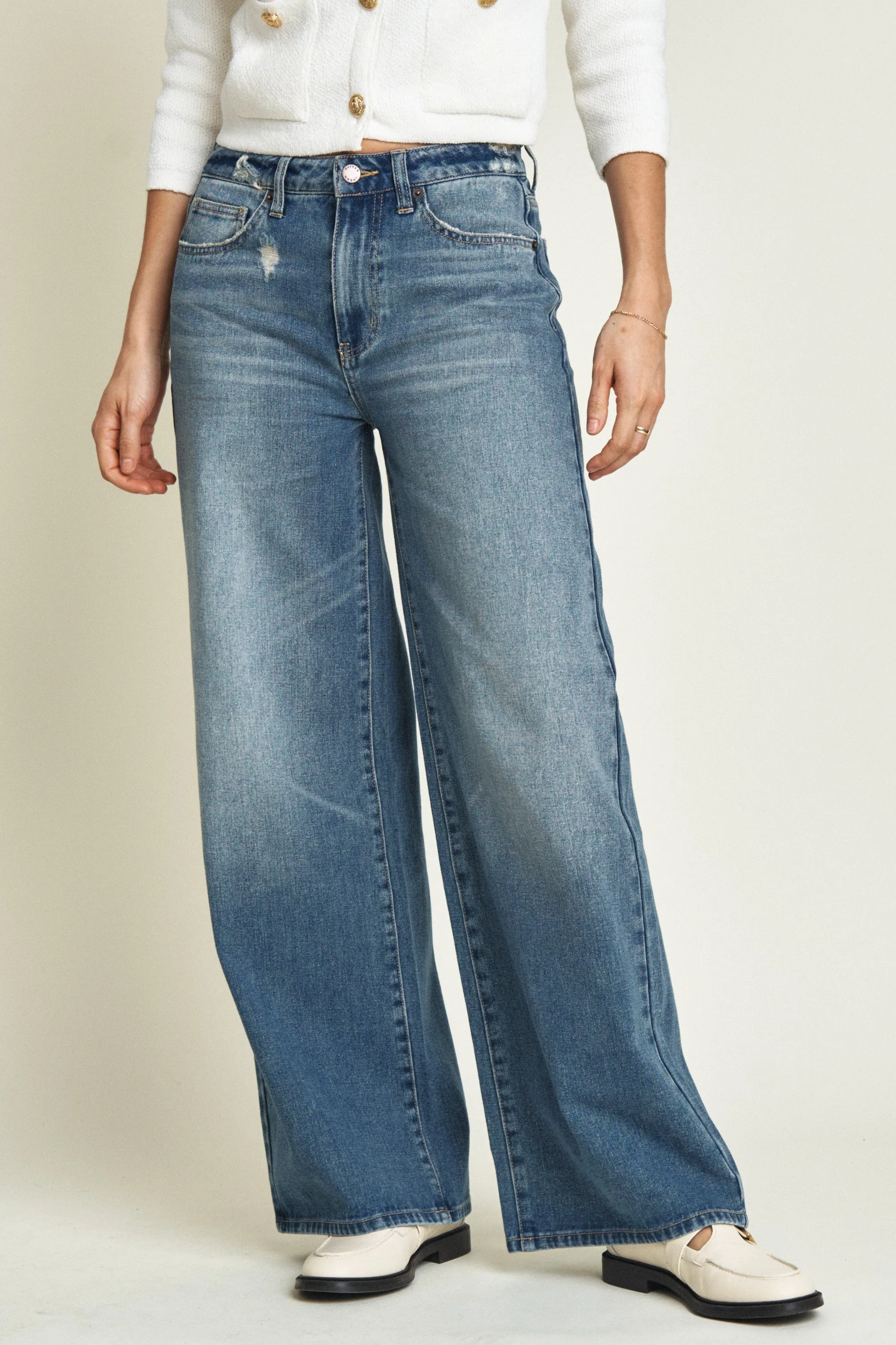 Madison Mid Rise Wide Leg Bright Blue Worn