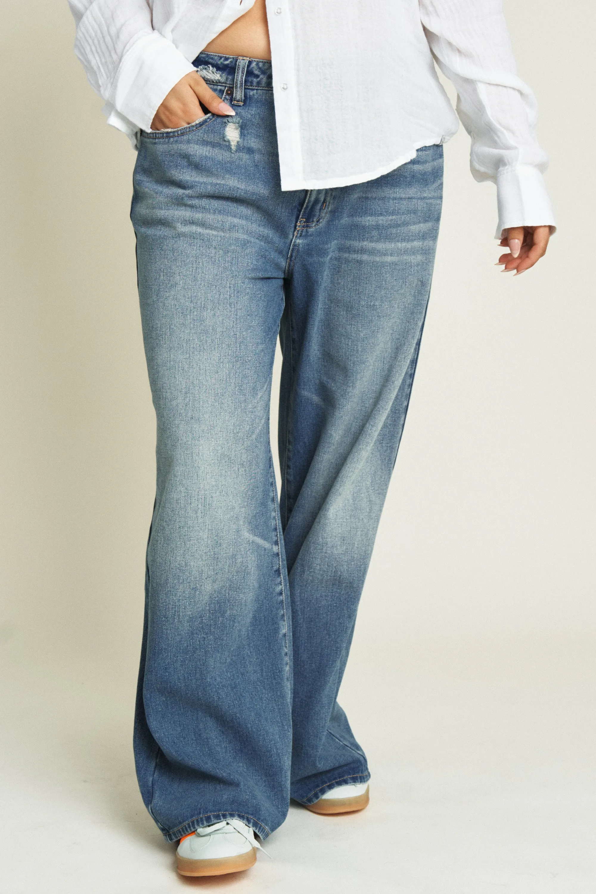 Madison Mid Rise Wide Leg Bright Blue Worn