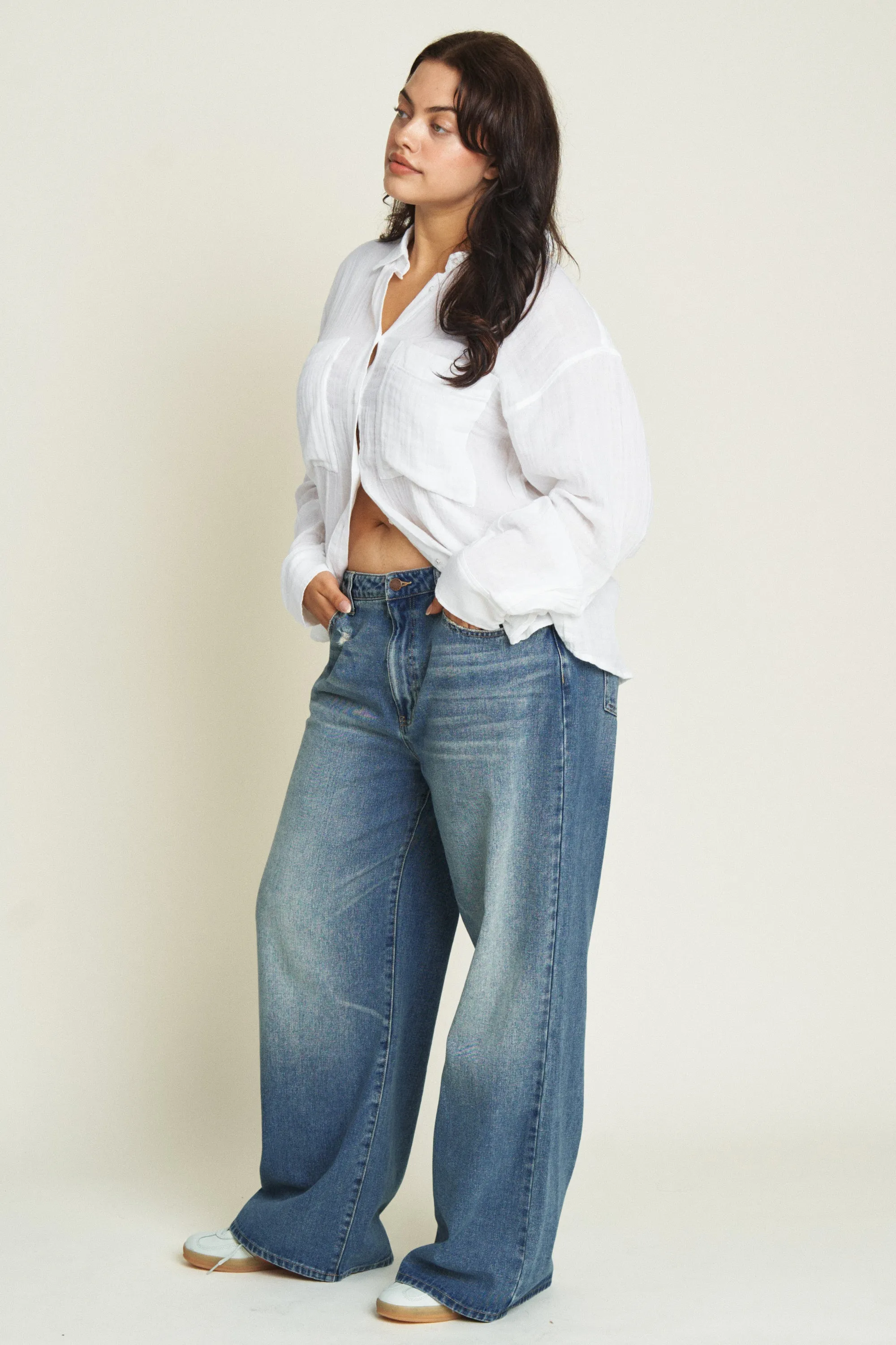 Madison Mid Rise Wide Leg Bright Blue Worn
