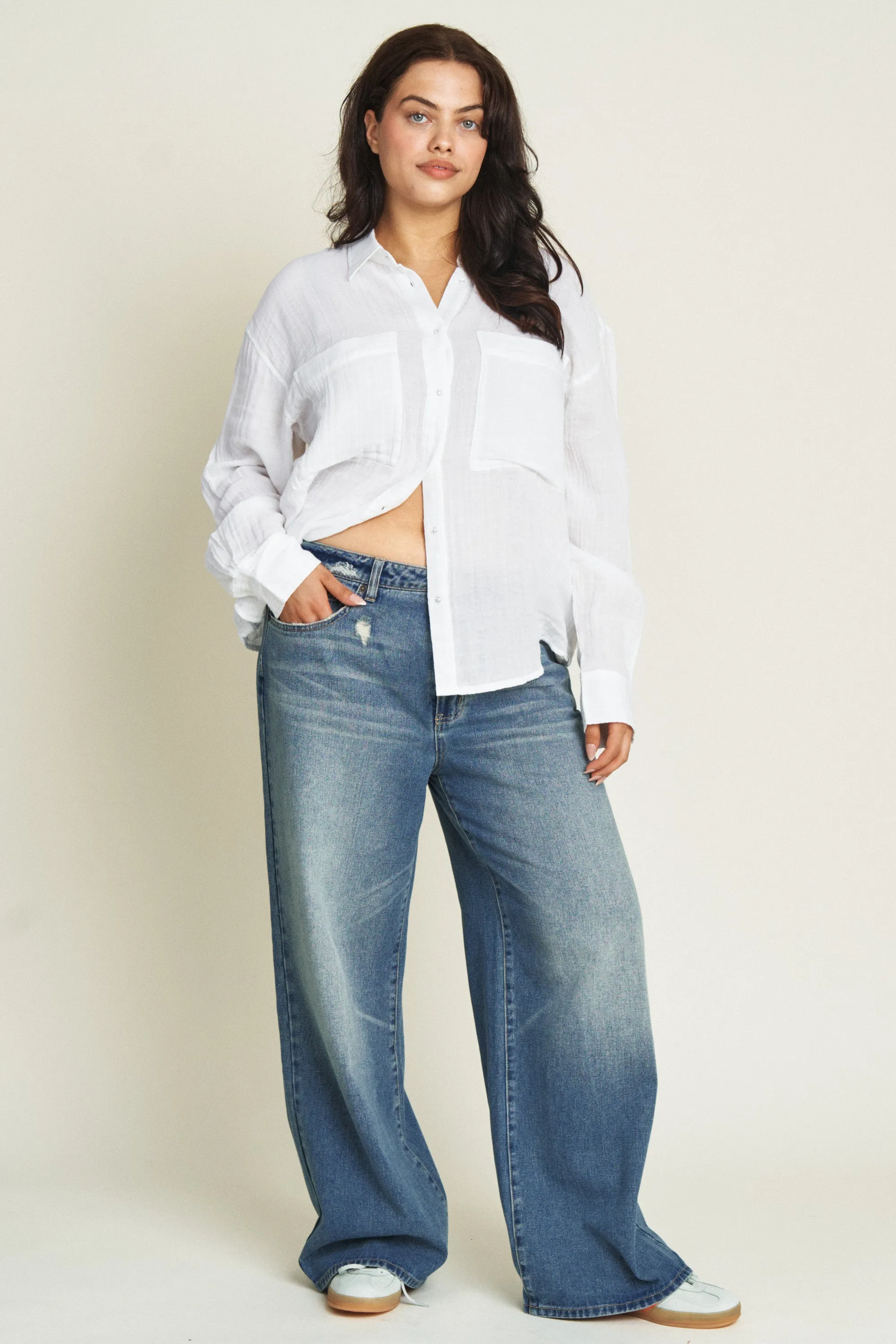 Madison Mid Rise Wide Leg Bright Blue Worn