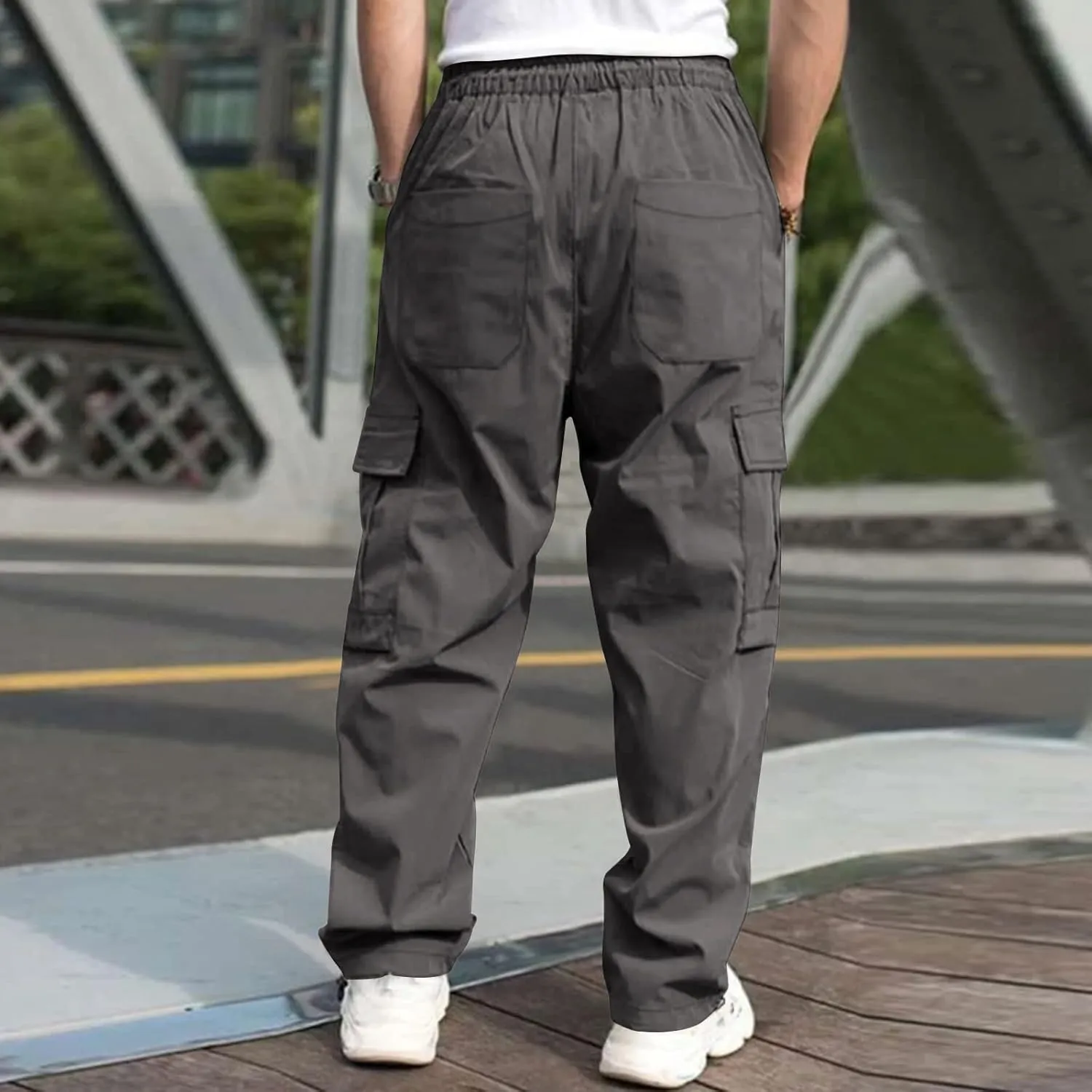 Mens Sweatpants with Pockets Big and Tall Long Pants Trousers Men's Cargo Sweatpants Adjustable Bungee Cord Open Bottom