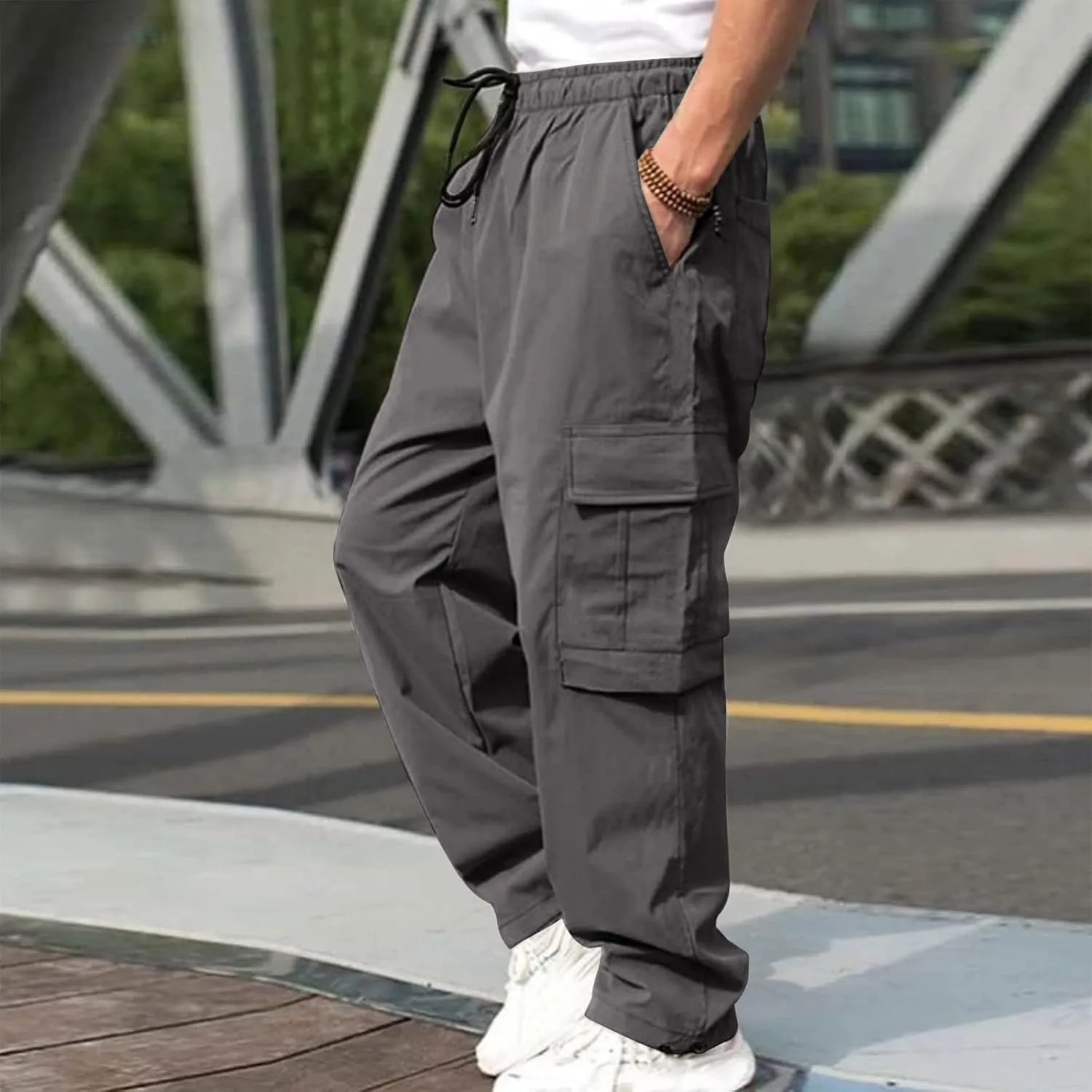 Mens Sweatpants with Pockets Big and Tall Long Pants Trousers Men's Cargo Sweatpants Adjustable Bungee Cord Open Bottom