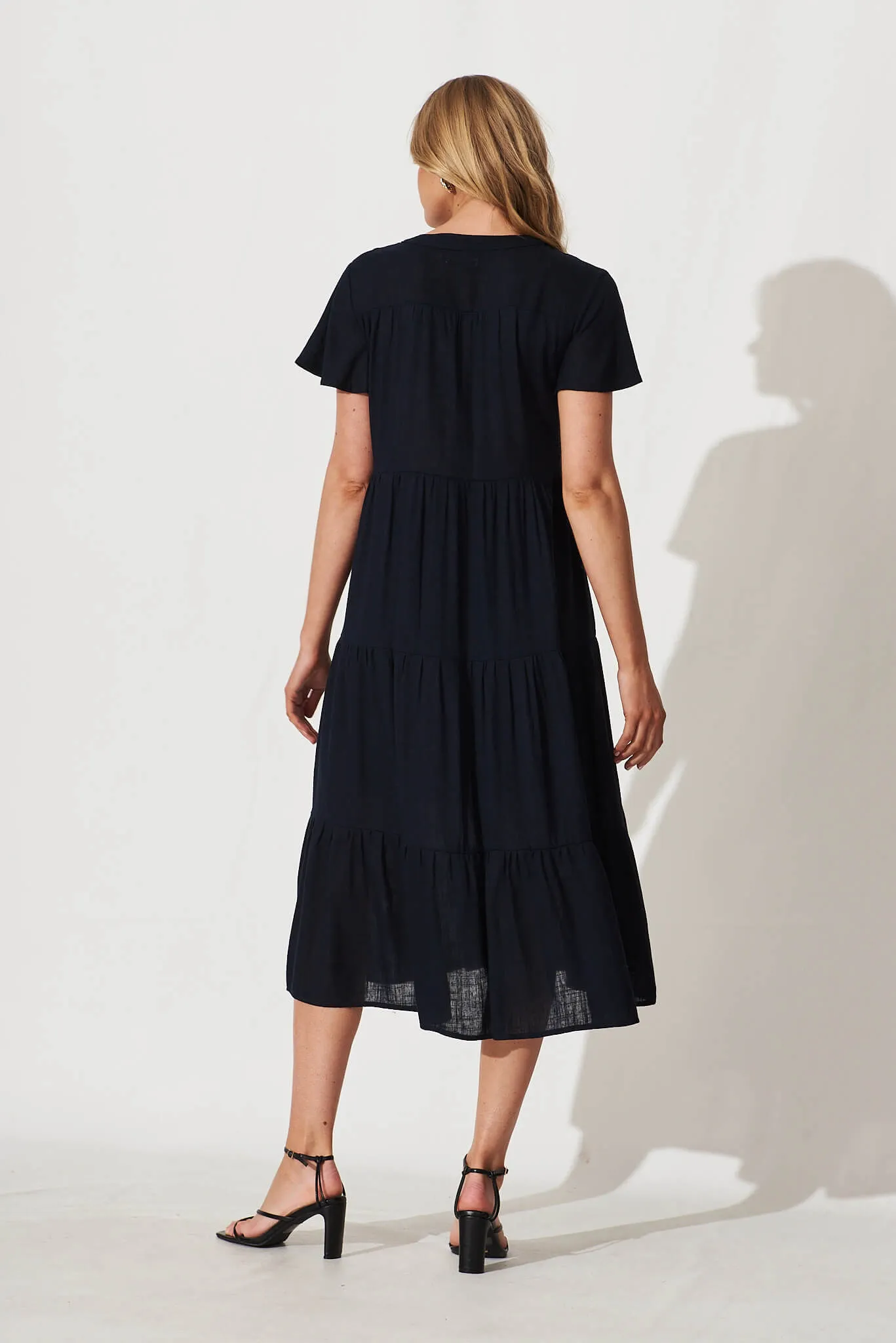 Navy Linen Blend Midi Shirt Dress by Marvela