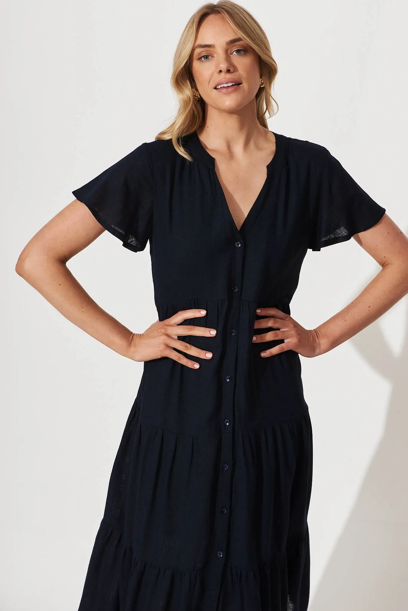 Navy Linen Blend Midi Shirt Dress by Marvela