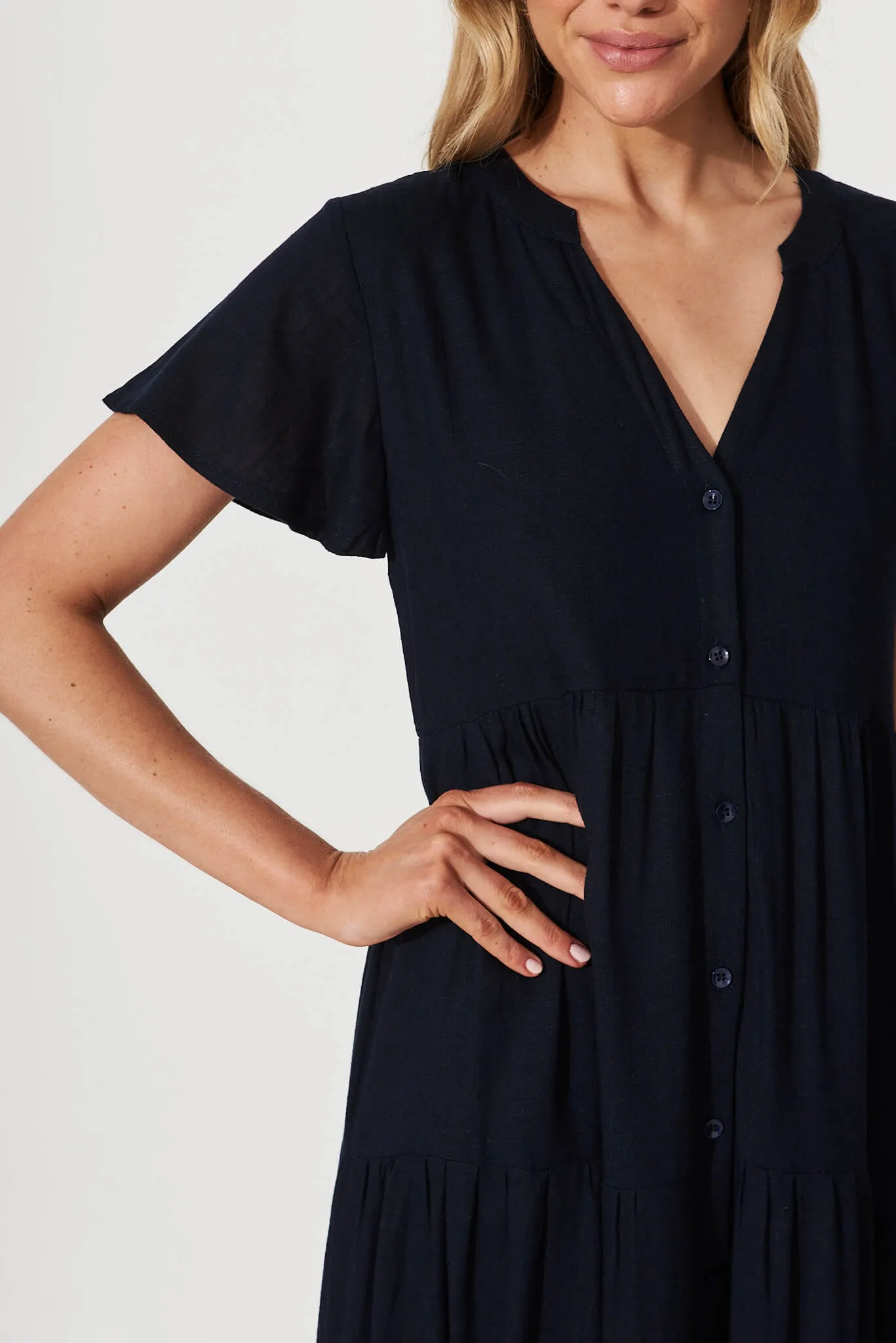 Navy Linen Blend Midi Shirt Dress by Marvela