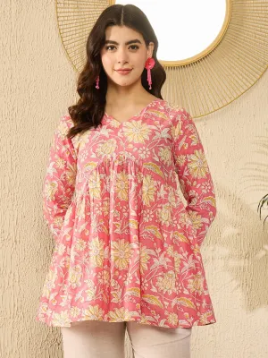 Pink Cotton Blend Floral Printed Peplum Tunic Top