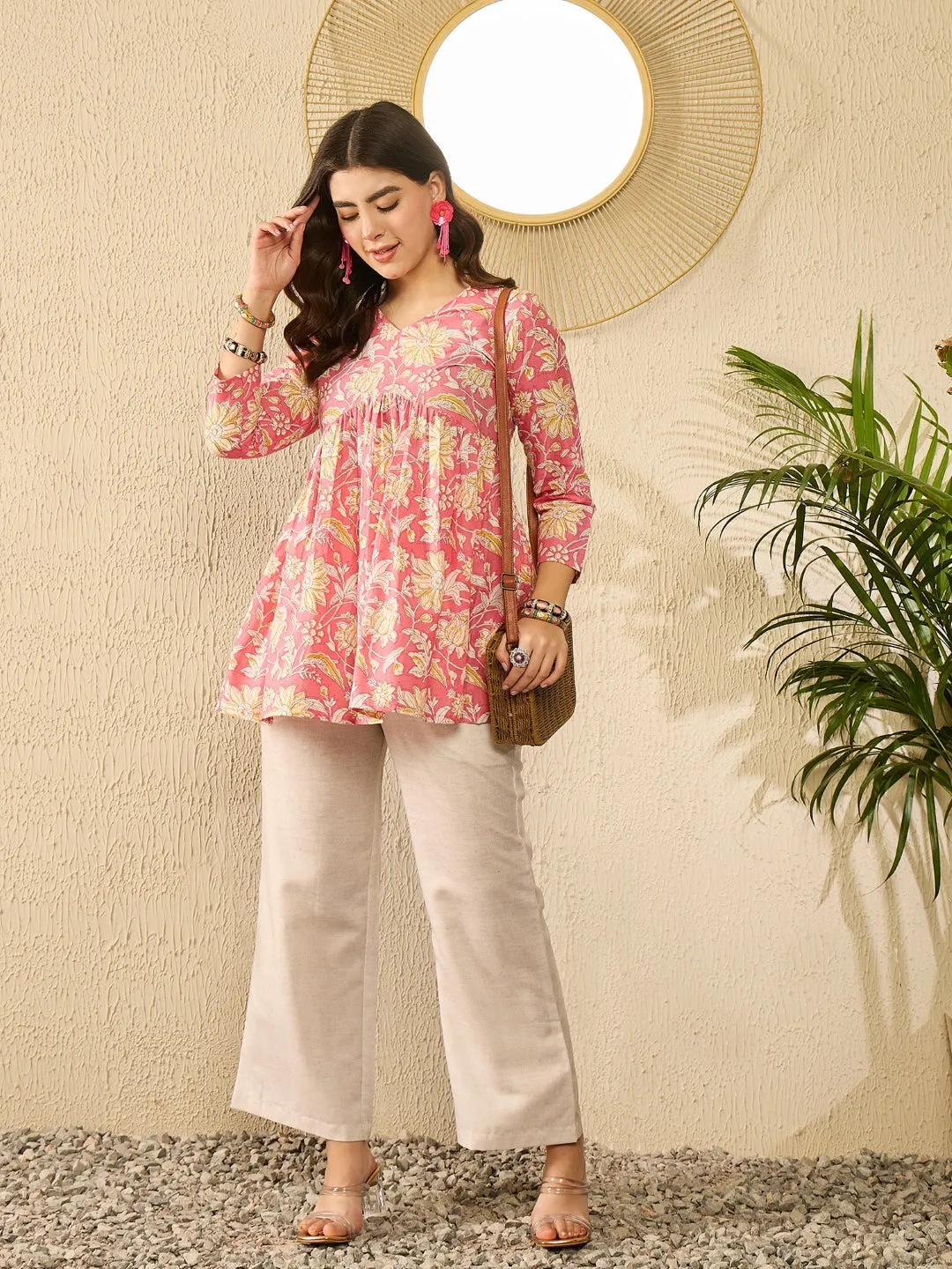 Pink Cotton Blend Floral Printed Peplum Tunic Top