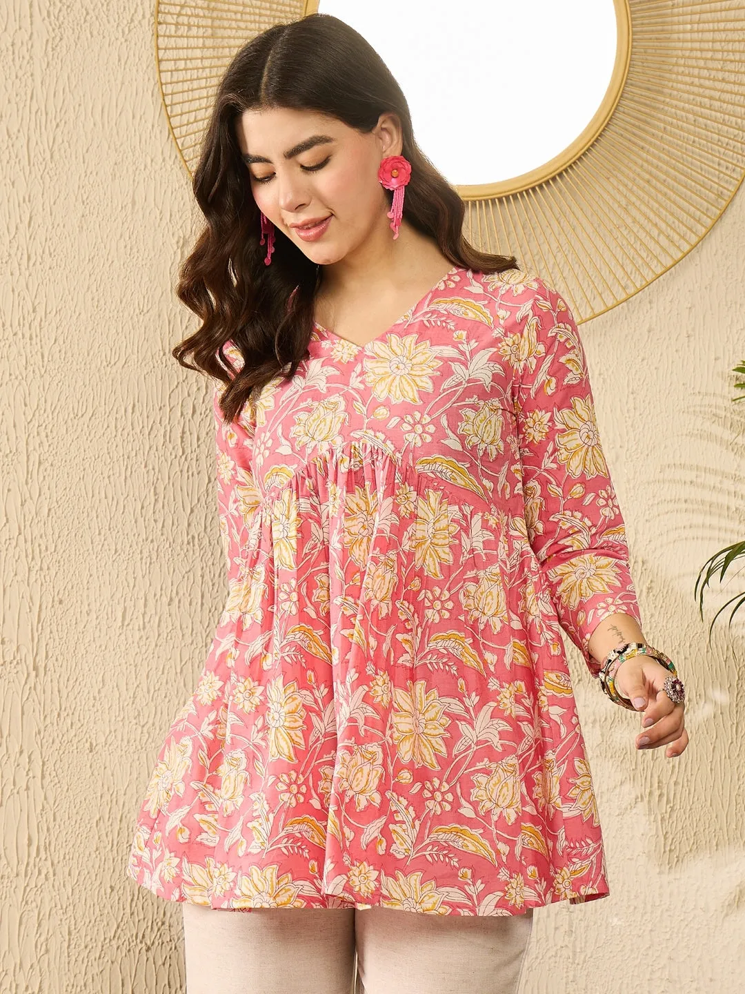 Pink Cotton Blend Floral Printed Peplum Tunic Top