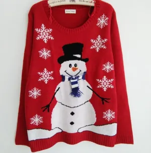Red Christmas Snowman Snowflake Scoop Long Sleeve Sweater