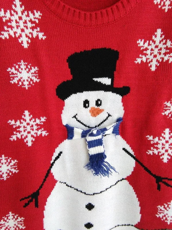 Red Christmas Snowman Snowflake Scoop Long Sleeve Sweater