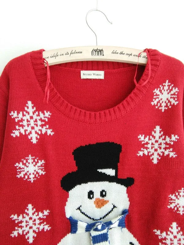 Red Christmas Snowman Snowflake Scoop Long Sleeve Sweater