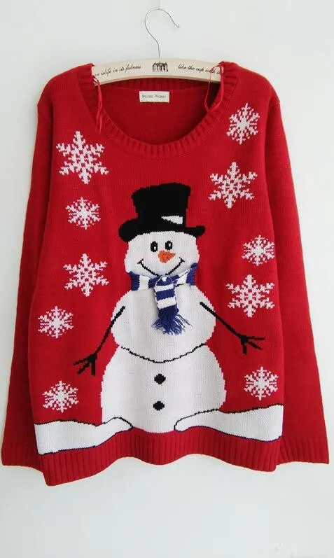 Red Christmas Snowman Snowflake Scoop Long Sleeve Sweater