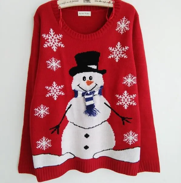 Red Christmas Snowman Snowflake Scoop Long Sleeve Sweater