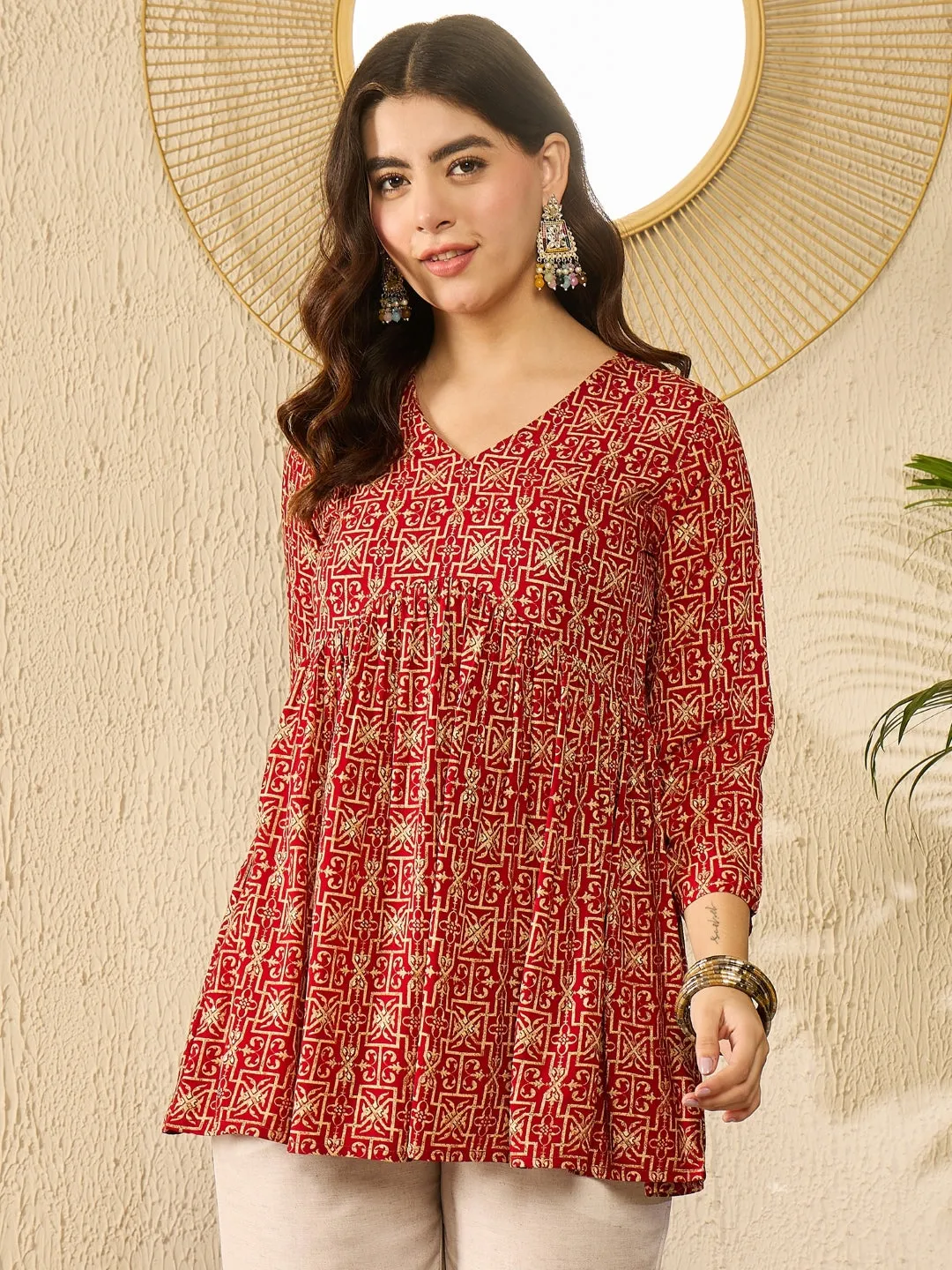 Red Viscose Rayon Gathered Peplum Tunic Top