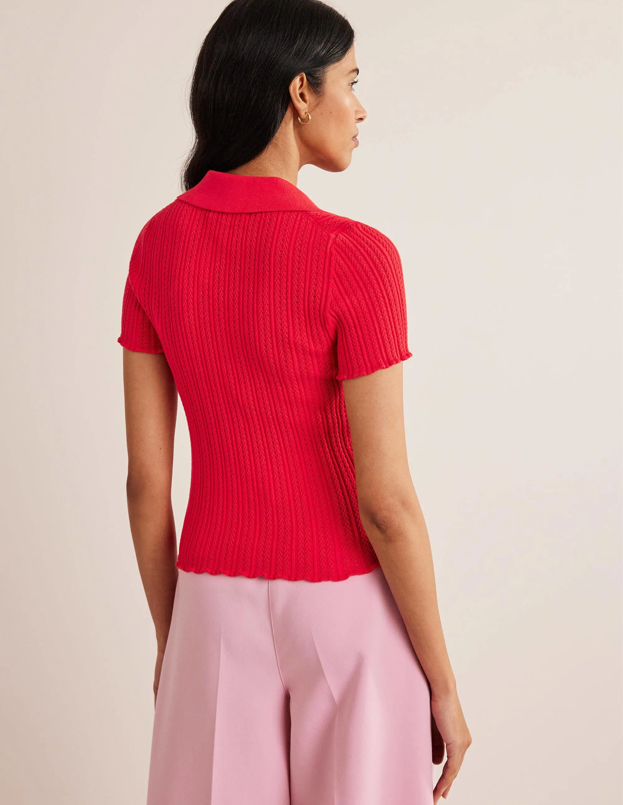 Ribbed Pointelle Collared Top-Strawberry Tart Red
