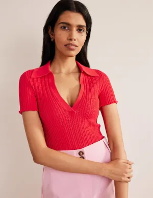 Ribbed Pointelle Collared Top-Strawberry Tart Red