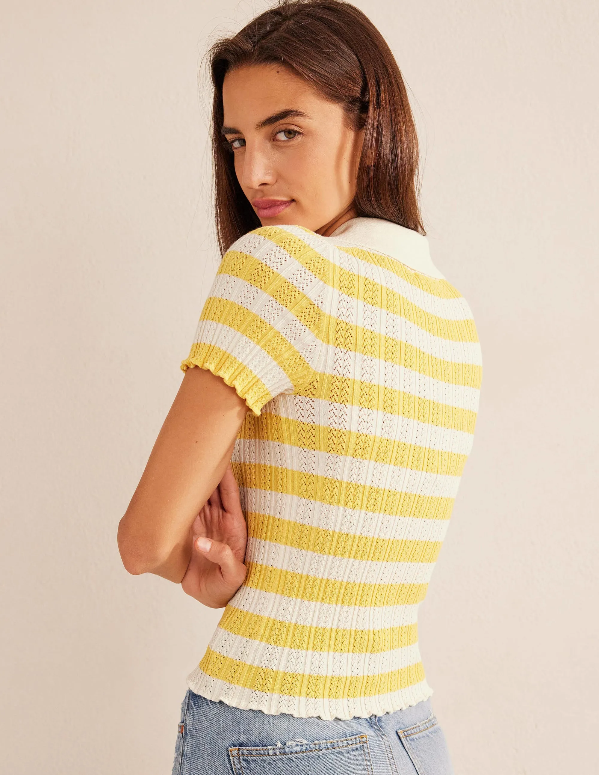 Ribbed Pointelle Collared Top-Sweet Honeycomb, Ivory Stripe