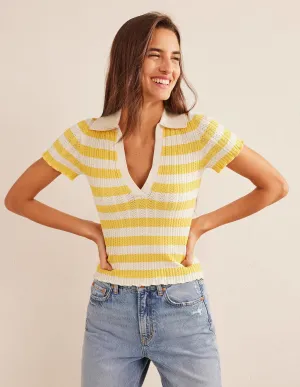 Ribbed Pointelle Collared Top-Sweet Honeycomb, Ivory Stripe