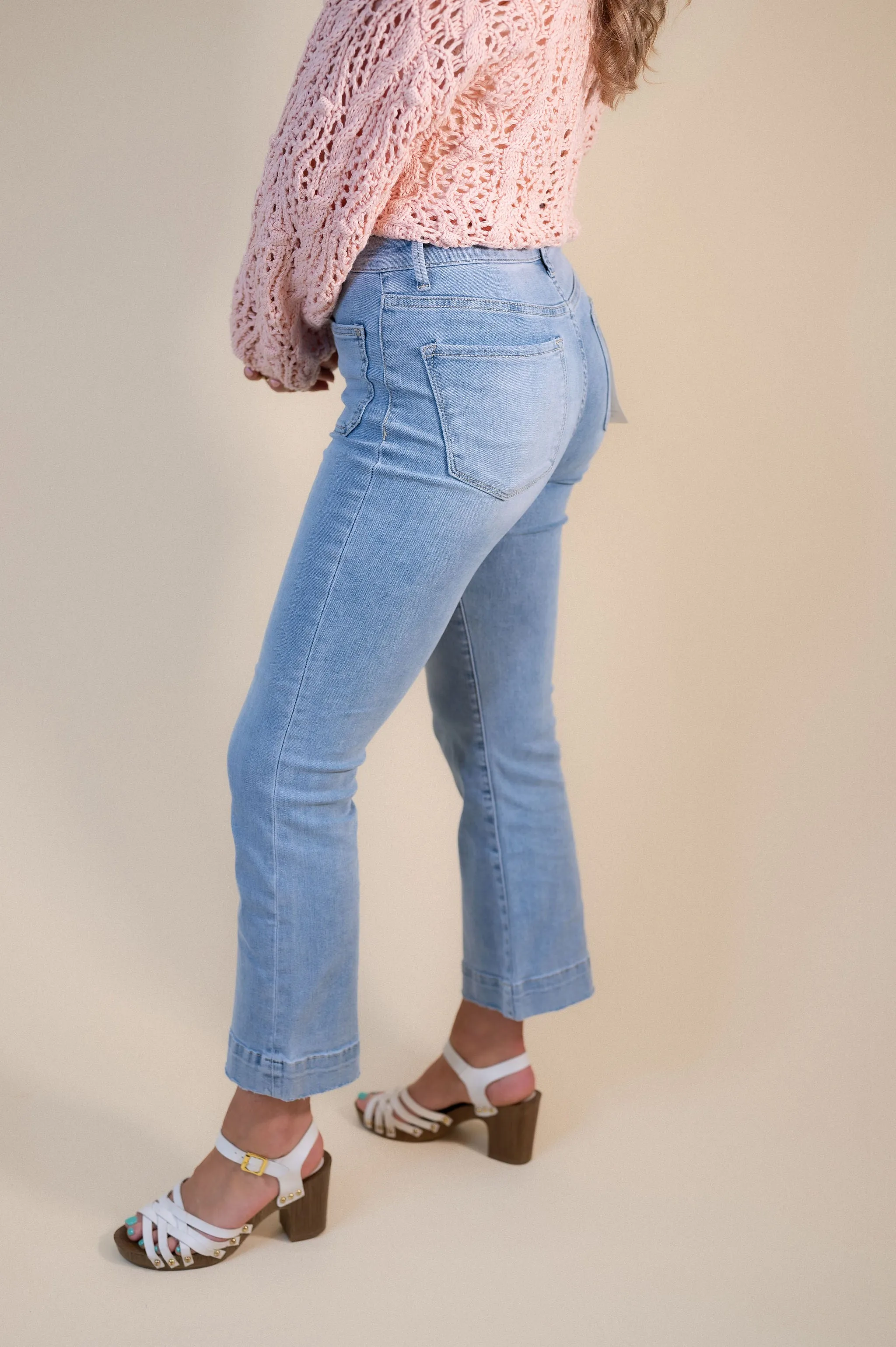 Risen Sailor Girl Crop Ankle Flare Jeans: Light Wash