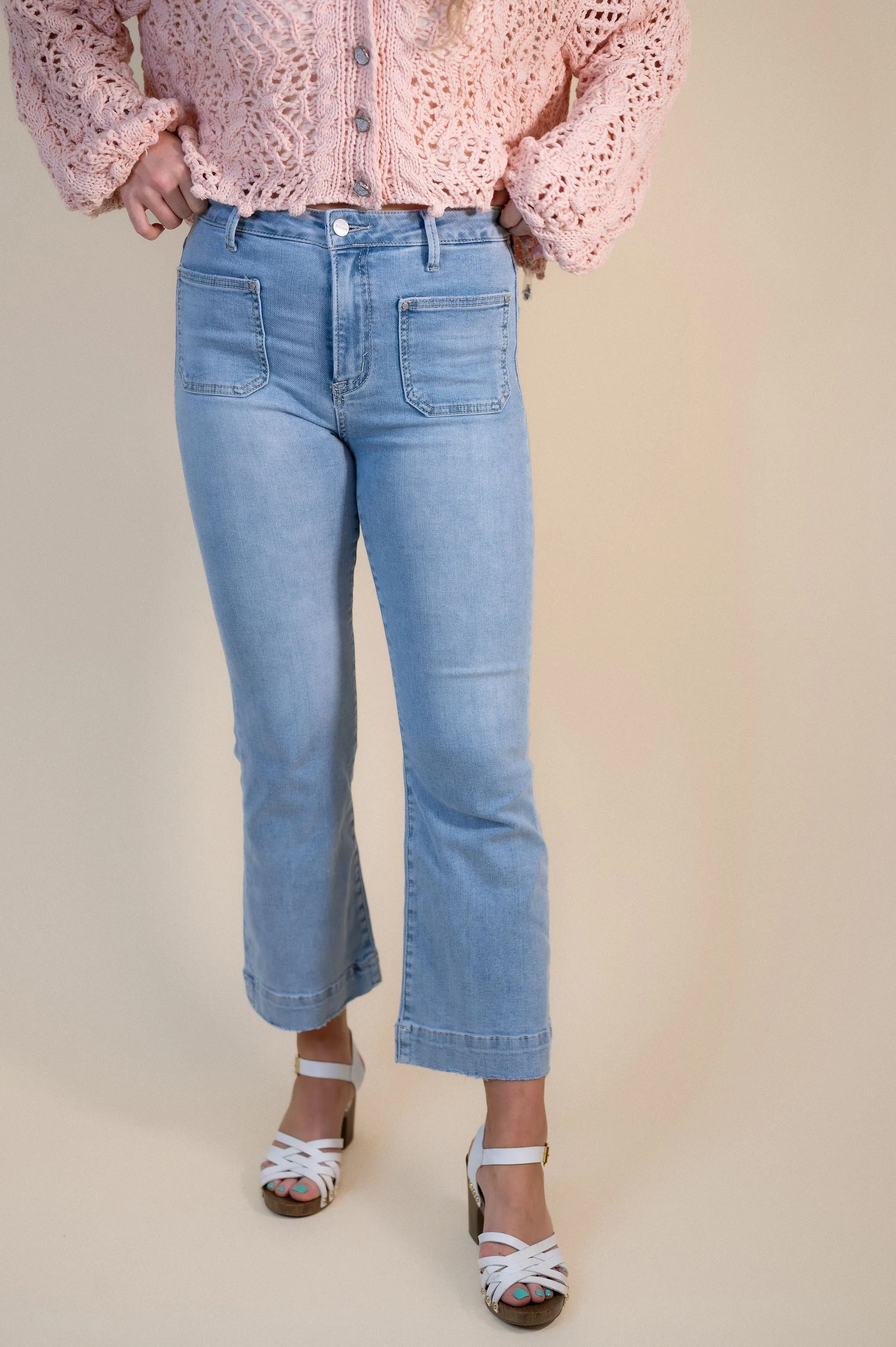 Risen Sailor Girl Crop Ankle Flare Jeans: Light Wash
