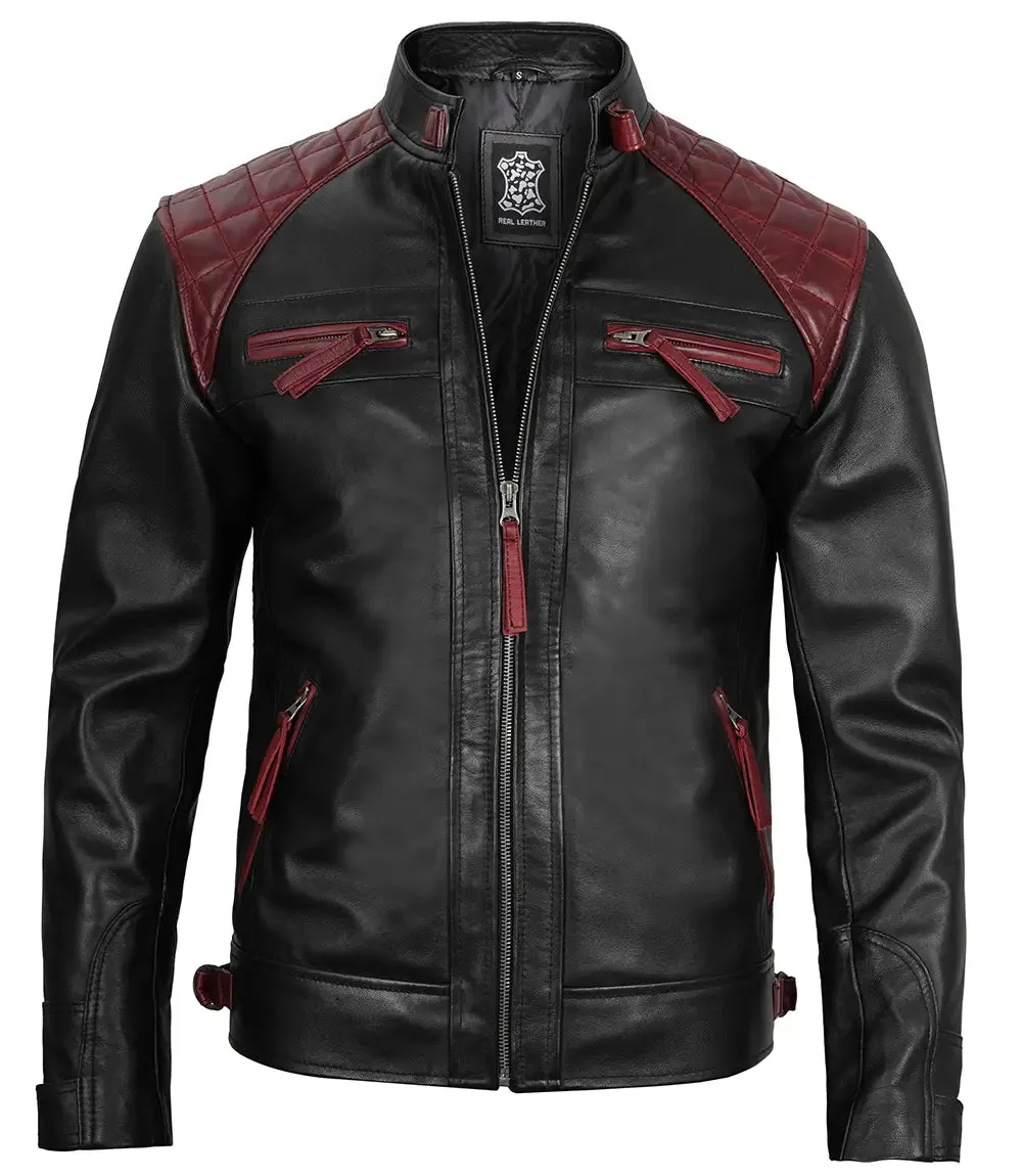 Rollins Men's Black and Maroon Quilted Cafe Racer Leather Jacket