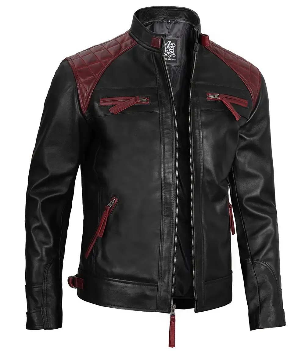 Rollins Men's Black and Maroon Quilted Cafe Racer Leather Jacket