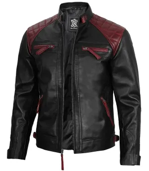 Rollins Men's Black and Maroon Quilted Cafe Racer Leather Jacket