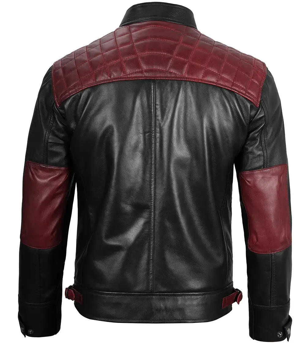 Rollins Men's Black and Maroon Quilted Cafe Racer Leather Jacket