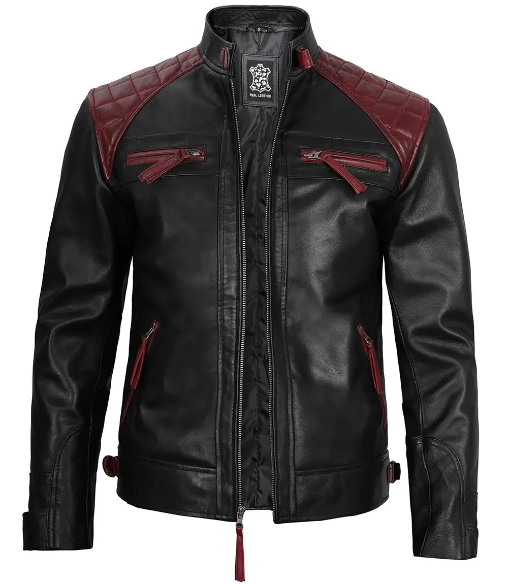 Rollins Men's Black and Maroon Quilted Cafe Racer Leather Jacket