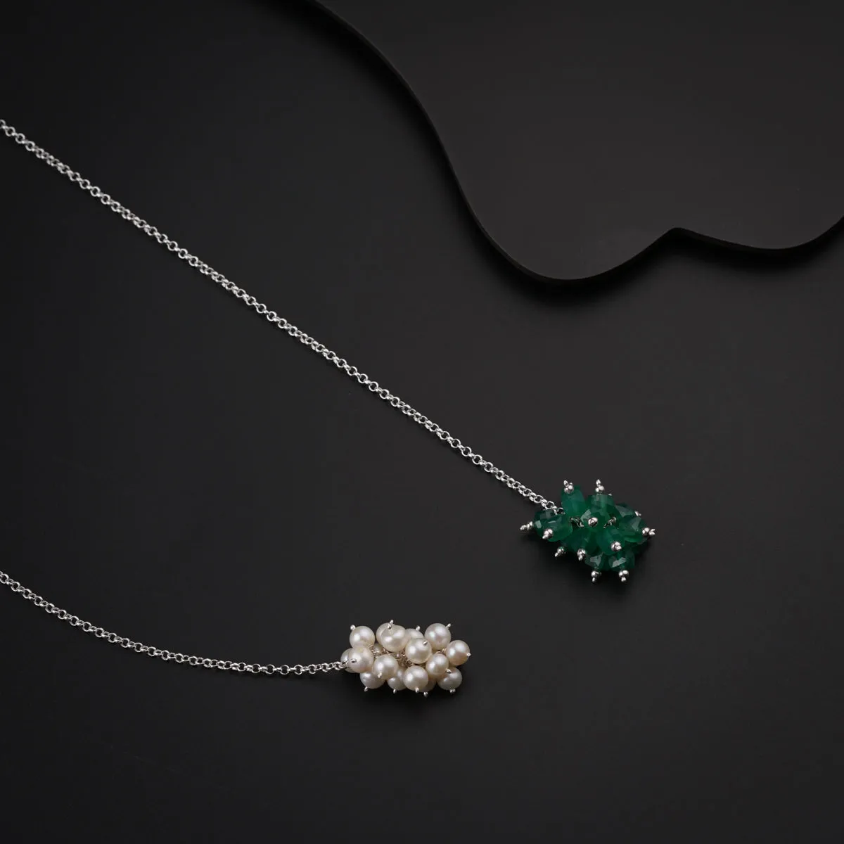 Silver Tie & Wear Necklace with Pearls & Green Onyx